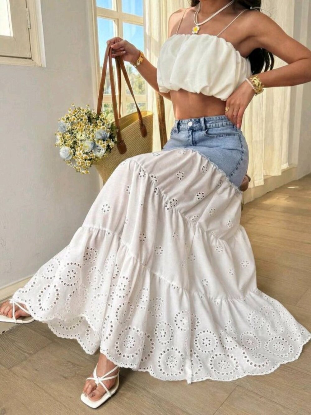 Women's Casual Hollow-Out Embroidery Patchwork Denim Mini Skirt
